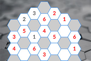 Hexagonální mřížka s čísly v šestiúhelnících na rozmazaném šedém pozadí