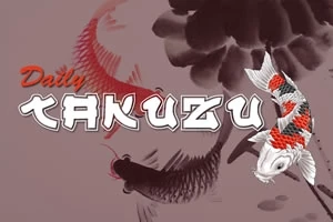 Nápis Daily Kakuzu s grafikou dvou kaprů koi ve fialovém a červeném odstínu na pozadí