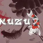 Nápis Daily Kakuzu s grafikou dvou kaprů koi ve fialovém a červeném odstínu na pozadí