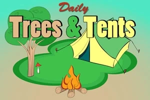 Kreslený obrázek se stromem, stanem a táborovým ohněm na zeleném pozadí s nápisem Daily Trees & Tents