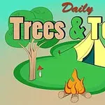 Kreslený obrázek se stromem, stanem a táborovým ohněm na zeleném pozadí s nápisem Daily Trees & Tents