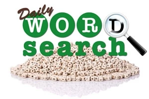 Kostky s písmeny poskládané do hromady s textem Daily Word Search a lupou