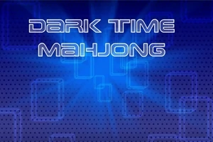 Modrý pozadí s nápisem Dark Time Mahjong v bílé barvě a geometrickými vzory