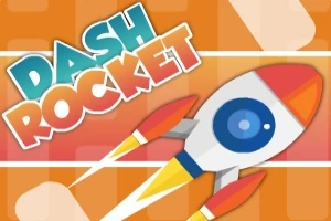 Barevná ilustrace rakety letící na oranžovém pozadí s nápisem Dash Rocket v modré a oranžové barvě