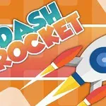 Barevná ilustrace rakety letící na oranžovém pozadí s nápisem Dash Rocket v modré a oranžové barvě