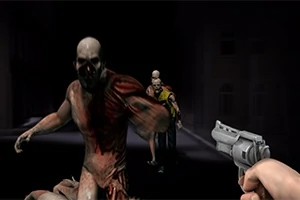 Dva zombie se blíží v tmavém prostředí, zatímco postava s pistolí míří na prvního z nich