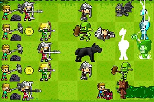 Pixlová scéna s fantasy postavami jako bojovníci, lukostřelci, kostlivci a zvířaty na šachovnicové zelené ploše