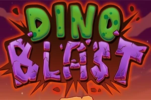Barevný nápis Dino Blast s postříkaným designem na pozadí s oranžovými a fialovými odstíny