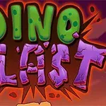 Barevný nápis Dino Blast s postříkaným designem na pozadí s oranžovými a fialovými odstíny