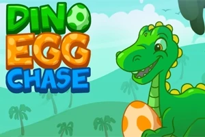 Zelený kreslený dinosaurus s oranžovým vejcem na pastelovém pozadí s palmami a modrou oblohou