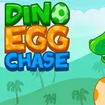 Zelený kreslený dinosaurus s oranžovým vejcem na pastelovém pozadí s palmami a modrou oblohou