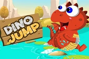 Červený dinosaurus s modrými očima skáče po leknínech v modré řece, vedle dřevěné cedule s nápisem