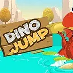 Červený dinosaurus s modrými očima skáče po leknínech v modré řece, vedle dřevěné cedule s nápisem
