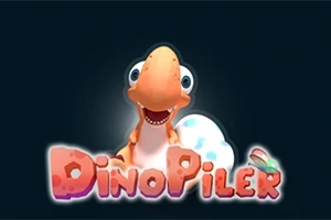 Veselý dinosaurus se usmívá vedle vejce s nápisem DinoPiler na tmavém pozadí