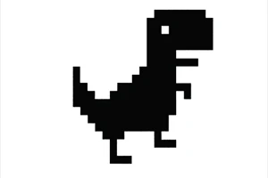 Černobílý pixelový dinosaurus na bílém pozadí