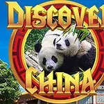 Dva pandy ležící vedle sebe s bambusem za červeným kruhovým ornamentem a nápisem Discover China na modrém pozadí s tradiční čínskou architekturou