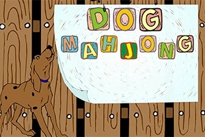 Pes stojící před dřevěným plotem s nápisem složeným z barevných písmen DOG MAHJONG