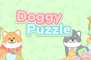 Kreslené zobrazení dvou psů s barevnými kostmi a nápisem Doggy Puzzle na světlém pozadí