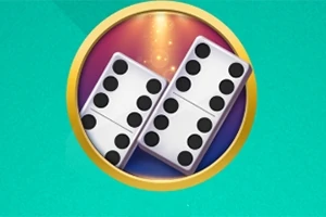 Dvě domino kostky s různým počtem teček uvnitř kruhového rámu na zeleném pozadí