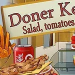 Nápis Doner Kebab s vyobrazením hranolků, plechovky coly, masa a ingrediencí v pozadí