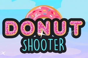 Růžový donut s polevou a posypem na modrém pozadí s nápisem Donut Shooter