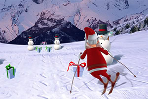 Santa Claus na lyžích sjíždí zasněženou horu, kolem jsou sněhuláci a dárky na sněhu