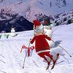 Santa Claus na lyžích sjíždí zasněženou horu, kolem jsou sněhuláci a dárky na sněhu