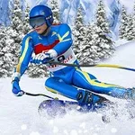 Lyžař v modré kombinéze a helmě sjíždí zasněžený svah mezi zasněženými stromy