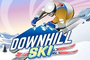 Ilustrace lyžaře sjíždějícího zasněžený kopec s názvem Downhill Ski v popředí