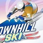 Ilustrace lyžaře sjíždějícího zasněžený kopec s názvem Downhill Ski v popředí