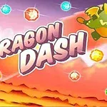 Barevná kreslená scéna s kresleným drakem, létajícími drahokamy a nápisem DRAGON DASH na pozadí oblohy