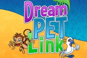 Barevný nápis Dream Pet Link na pozadí s obrázkem opice a papouška