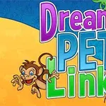 Barevný nápis Dream Pet Link na pozadí s obrázkem opice a papouška