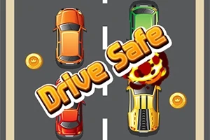 Dvě automobilové dráhy s oranžovými a zelenými auty, nápisem Drive Safe, zlatými mincemi a výbuchem