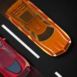 Červené a oranžové auto na dvouproudé silnici z ptačí perspektivy