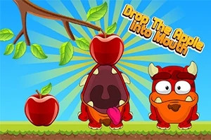 Červený kreslený tvor s otevřenou pusou pod větví se jablkem, vedle něj další podobný tvor a nápis Drop The Apple Into Mouth na modrém pozadí