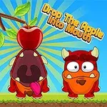 Červený kreslený tvor s otevřenou pusou pod větví se jablkem, vedle něj další podobný tvor a nápis Drop The Apple Into Mouth na modrém pozadí