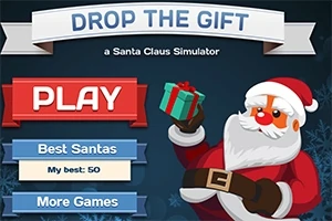 Santa Claus s červeným oblečením drží dárek, vedle je tlačítko Play