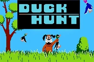 Pes držící ulovenou kachnu stojí v trávě s nápisem DUCK HUNT nad ním na modré obloze