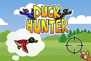 Kreslená scéna s letícími kachnami, zaměřovačem a nápisem Duck Hunter na venkovském pozadí s lesem a oblohou