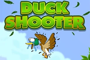 Název Duck Shooter s obrázkem kreslené kačeny s komickým výrazem na modrém pozadí s listy