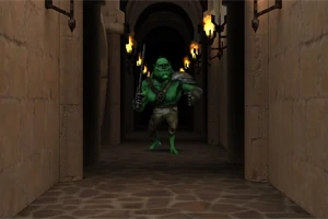 Zelený troll s mečem stojí v kamenné chodbě osvětlené pochodněmi