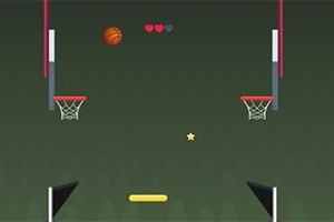 Basketbalová hra s míčem v letu, dvěmi koši, skórem a hvězdou na tmavém pozadí