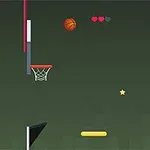 Basketbalová hra s míčem v letu, dvěmi koši, skórem a hvězdou na tmavém pozadí