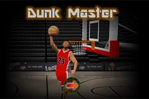 Basketbalista v červeném dresu smečuje do koše na tmavém basketbalovém hřišti s nápisem Dunk Master nahoře