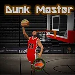 Basketbalista v červeném dresu smečuje do koše na tmavém basketbalovém hřišti s nápisem Dunk Master nahoře