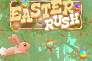 Kreslený králík skákající přes barevná velikonoční vajíčka s nápisem Easter Rush na lesním pozadí