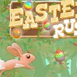 Kreslený králík skákající přes barevná velikonoční vajíčka s nápisem Easter Rush na lesním pozadí