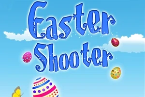 Velký modrý nápis Easter Shooter s velikonočními vajíčky a motýly na modrém pozadí s mráčky