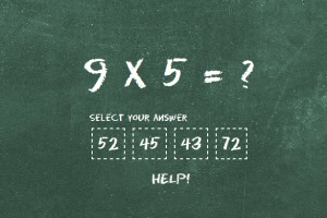 Výpočet 9 x 5 na zelené tabuli se čtyřmi možnostmi odpovědí: 52, 45, 43, 72